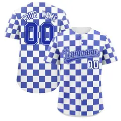 White Royal Square Grid Color Block Baseball Jersey 1