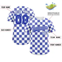 White Royal Square Grid Color Block Baseball Jersey 2