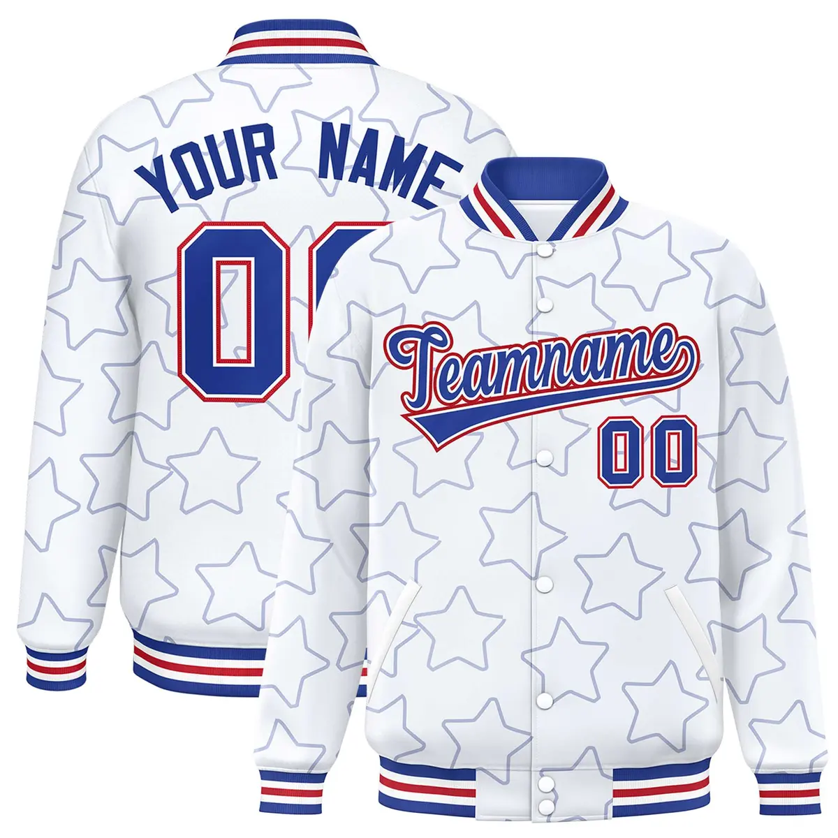 White Royal Star Pattern Varsity Full-Snap Letterman Baseball Jacket