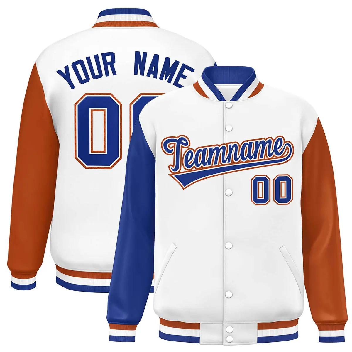 White Royal-Texas Orange Raglan Varsity Letterman Baseball Jacket