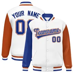 White Royal-Texas Orange Raglan Varsity Letterman Baseball Jacket