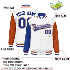 White Royal-Texas Orange Raglan Varsity Letterman Baseball Jacket 2