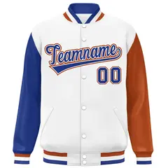White Royal-Texas Orange Raglan Varsity Letterman Baseball Jacket 3