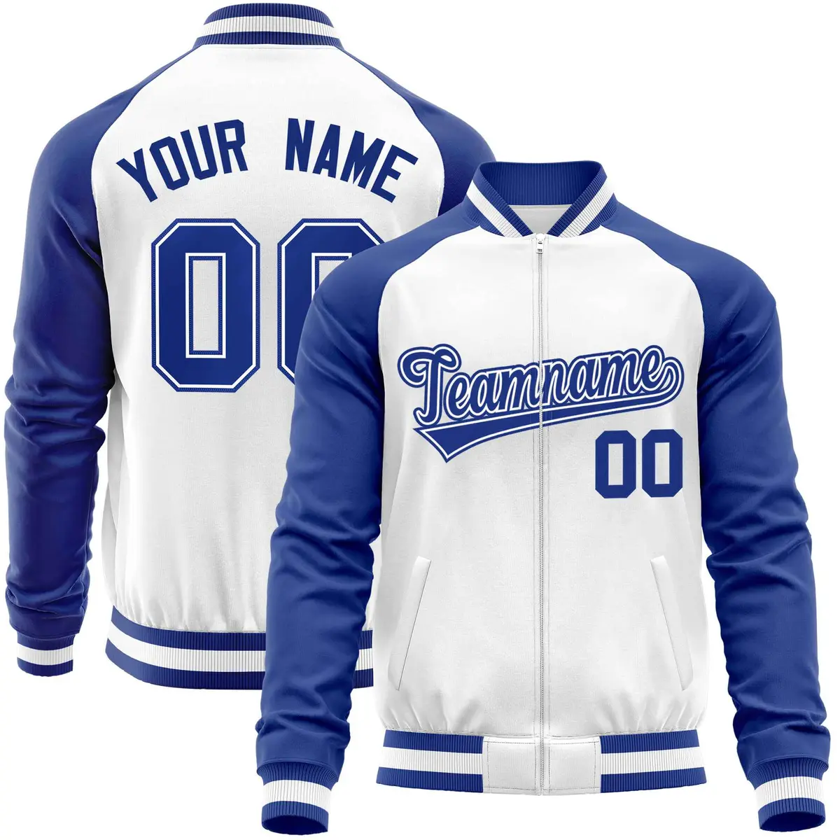 White Royal Varsity Full-Zip Raglan Letterman Baseball Jacket