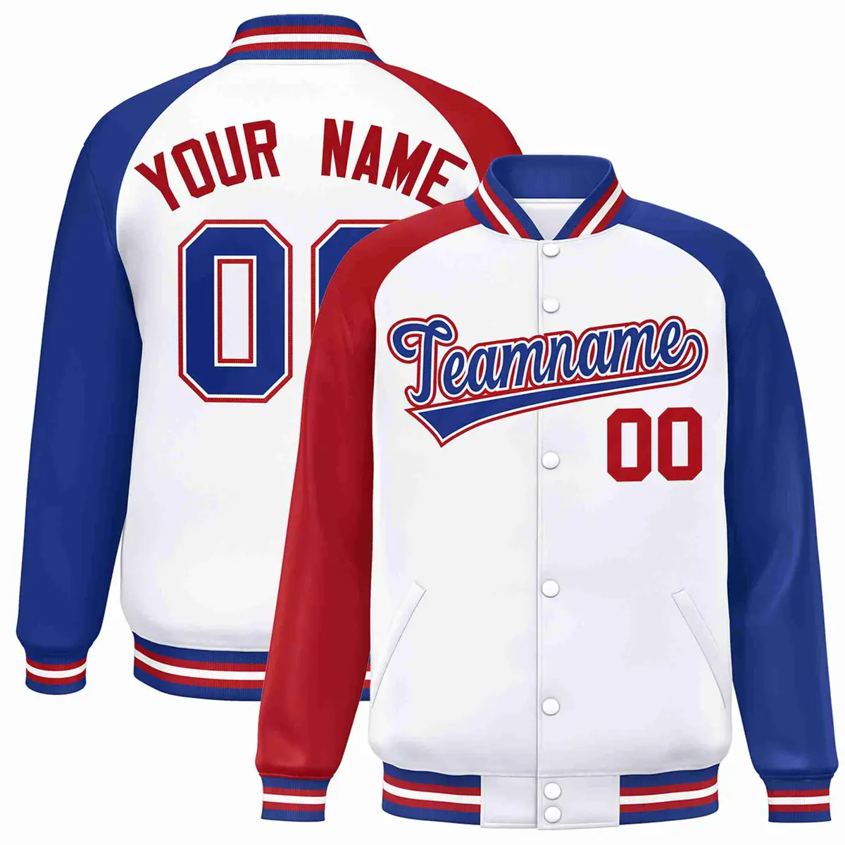 White Royal-White Raglan Varsity Full-Snap Letterman Jacket