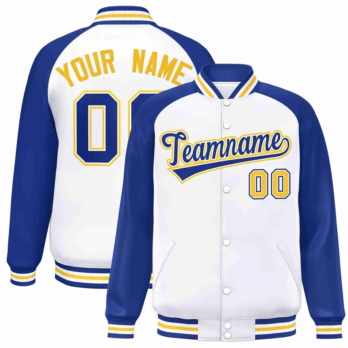White Royal-White Raglan Varsity Full-Snap Letterman Jacket