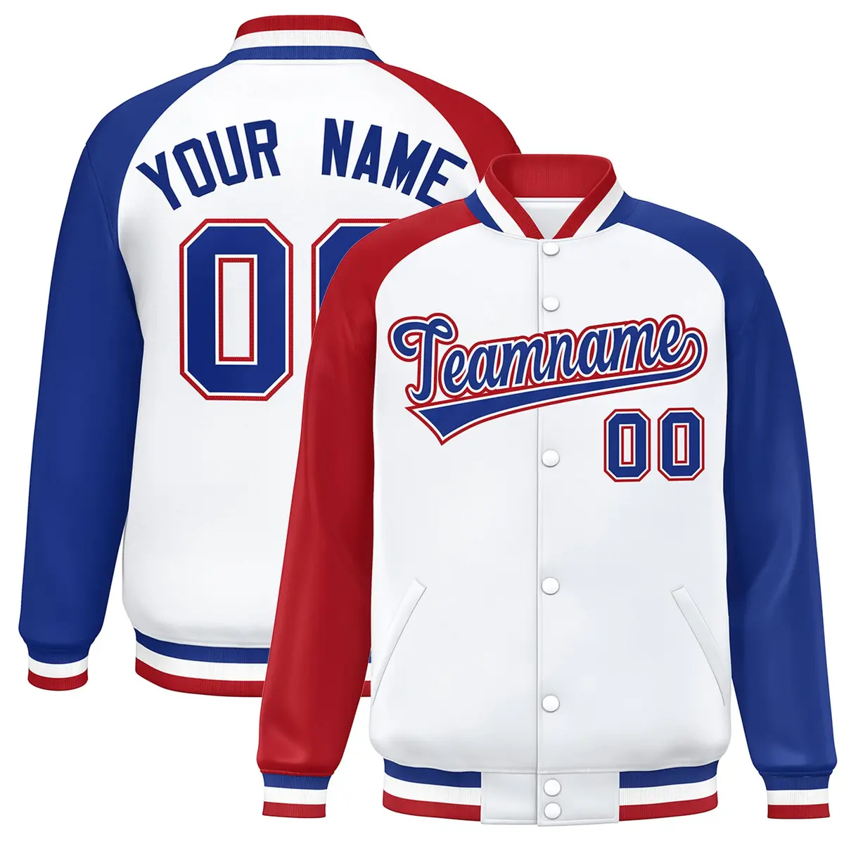 White Royal-White Raglan Varsity Full-Snap Letterman Jacket
