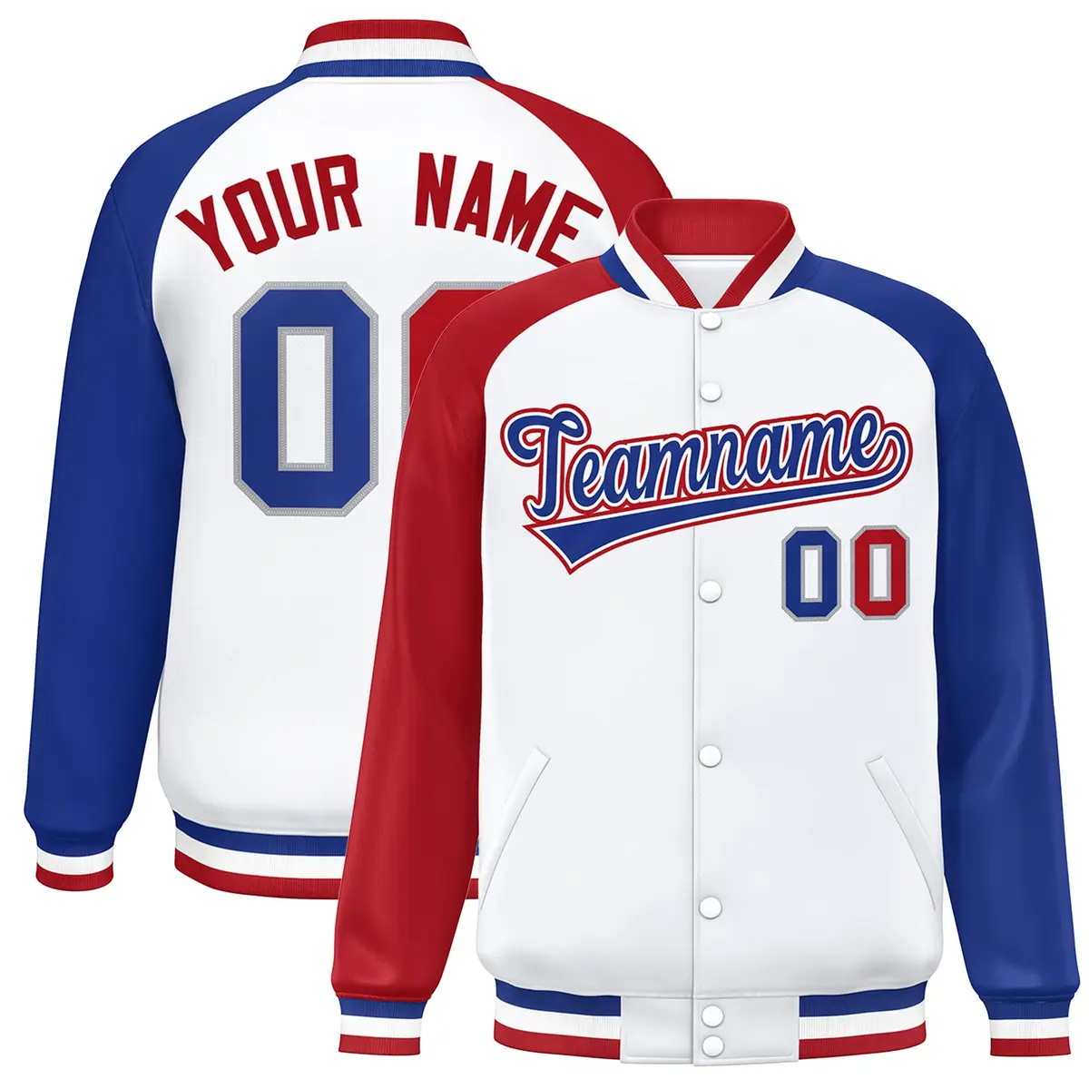 White Royal-White Raglan Varsity Full-Snap Letterman Jacket