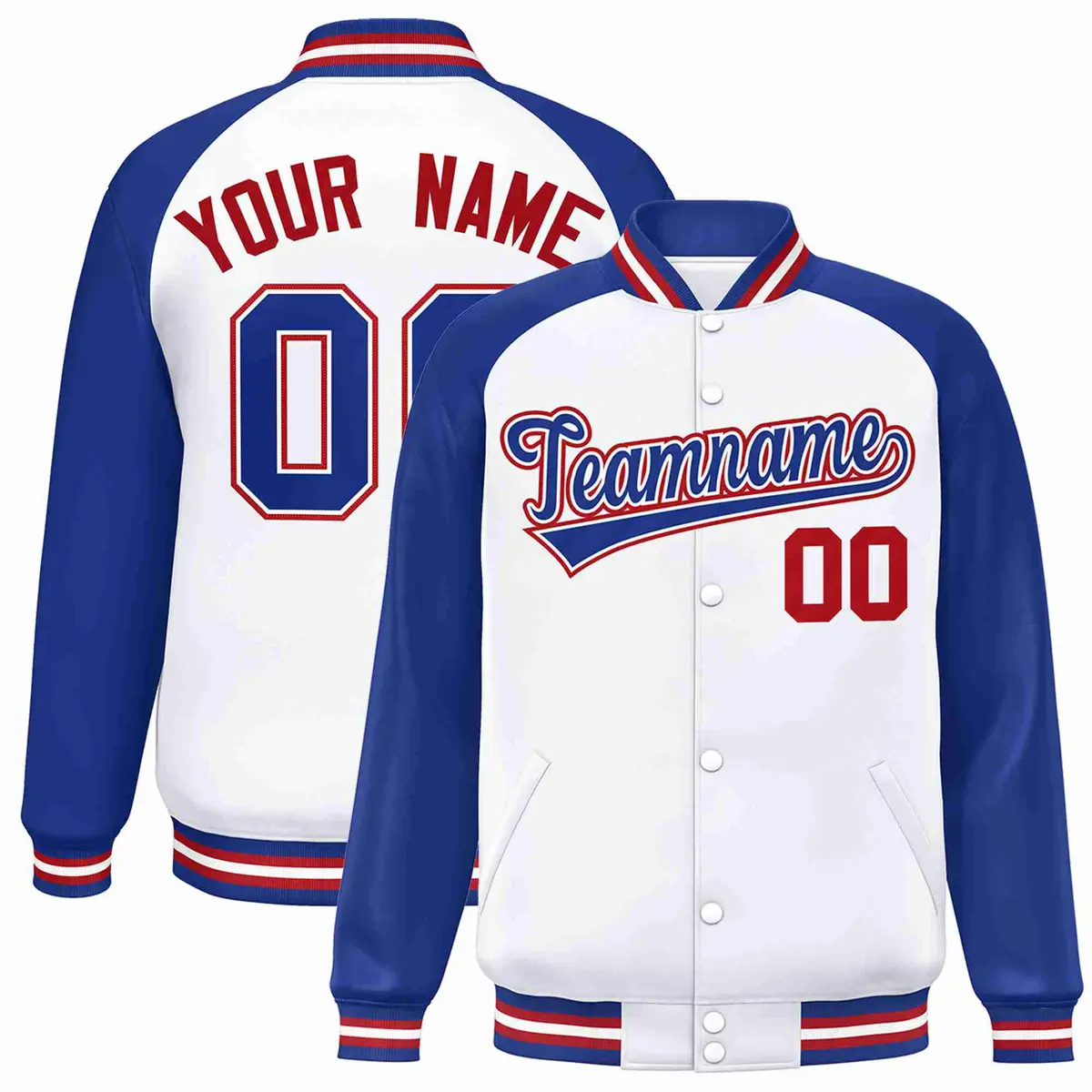 White Royal-White Raglan Varsity Full-Snap Letterman Jacket