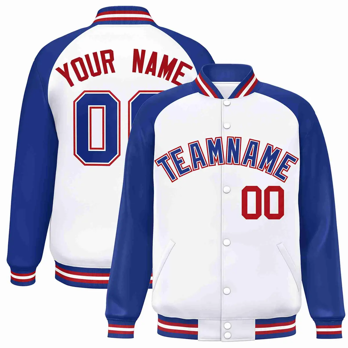 White Royal-White Raglan Varsity Full-Snap Letterman Jacket