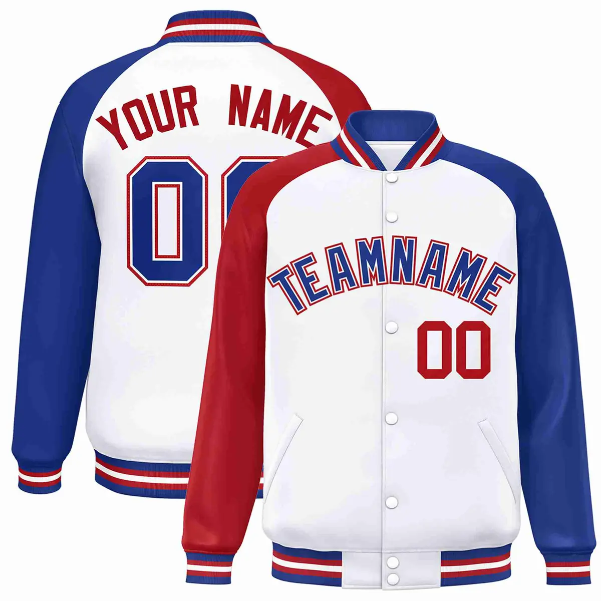 White Royal-White Raglan Varsity Full-Snap Letterman Jacket