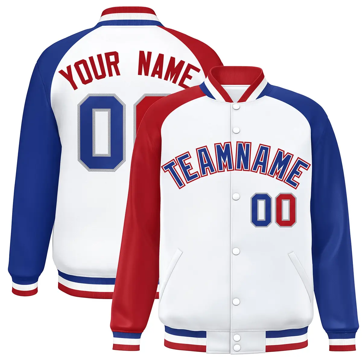 White Royal-White Raglan Varsity Full-Snap Letterman Jacket