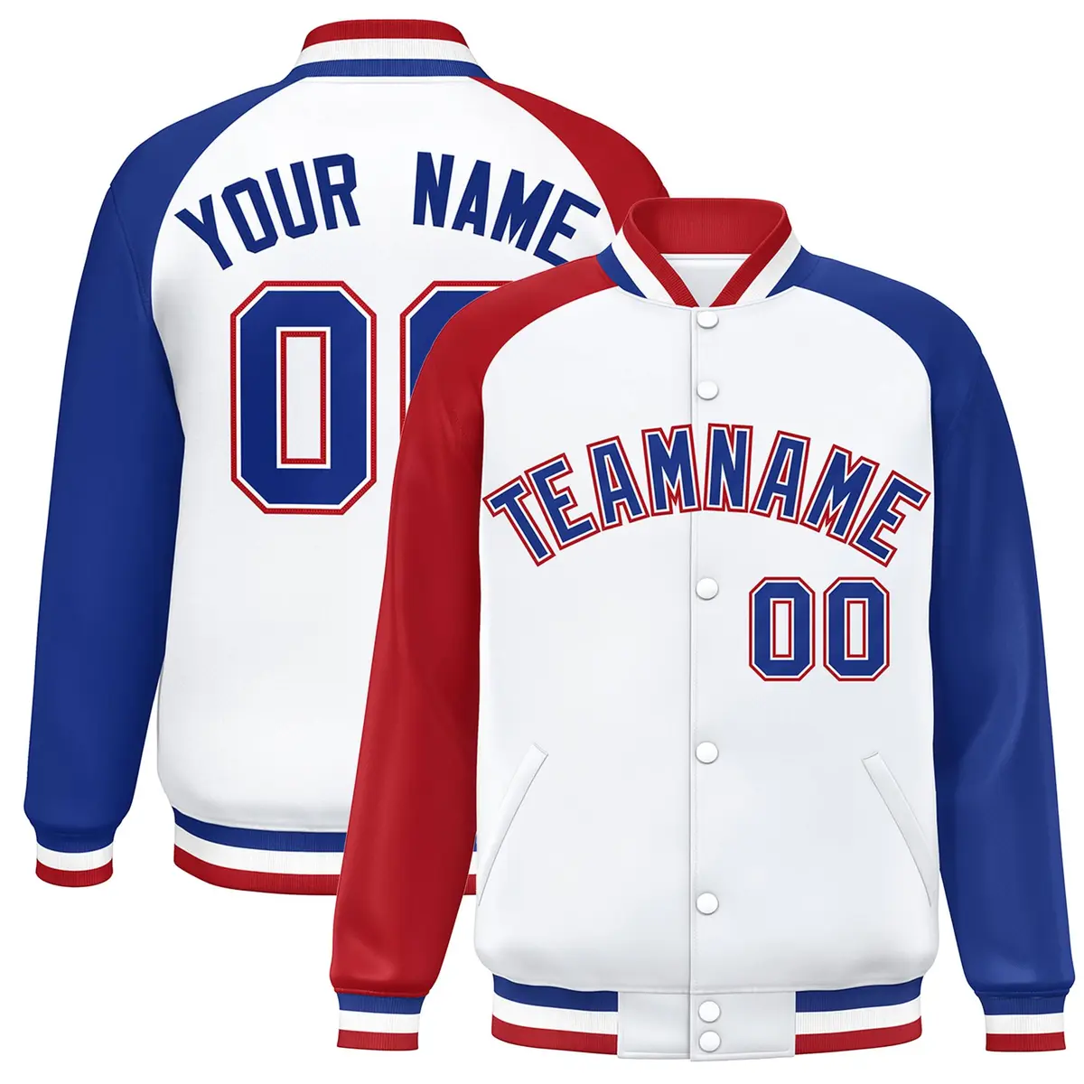 White Royal-White Raglan Varsity Full-Snap Letterman Jacket
