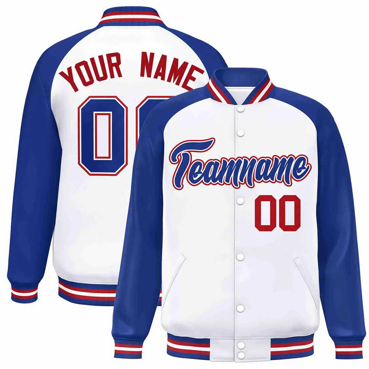 White Royal-White Raglan Varsity Full-Snap Letterman Jacket