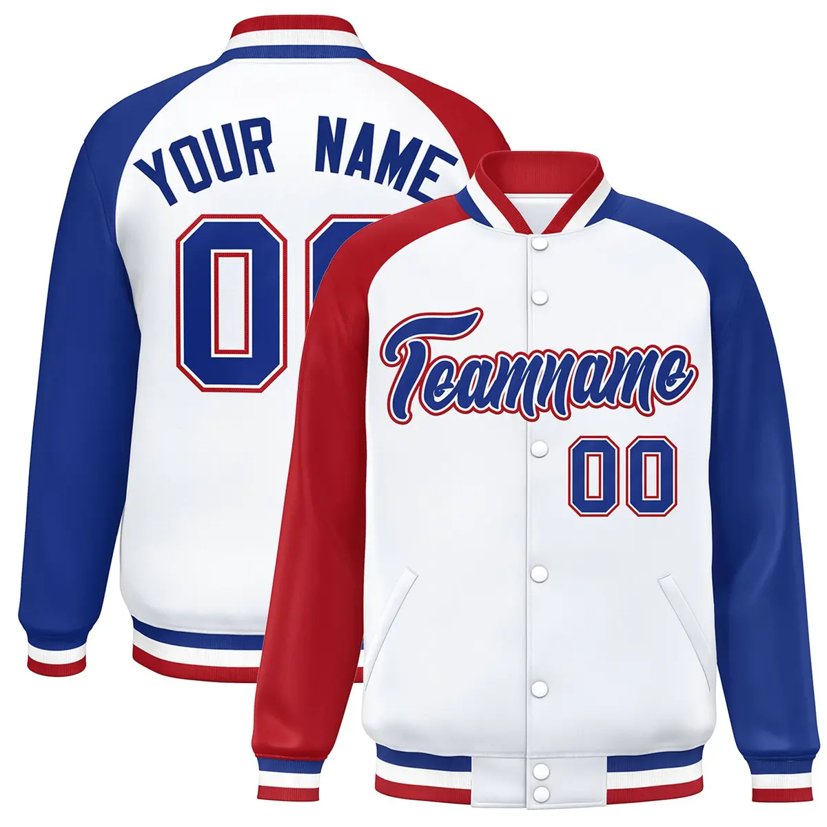 White Royal-White Raglan Varsity Full-Snap Letterman Jacket