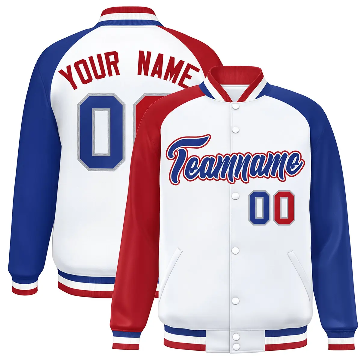 White Royal-White Raglan Varsity Full-Snap Letterman Jacket