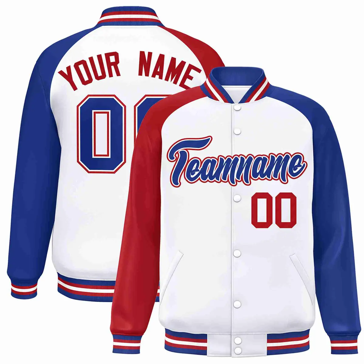 White Royal-White Raglan Varsity Full-Snap Letterman Jacket