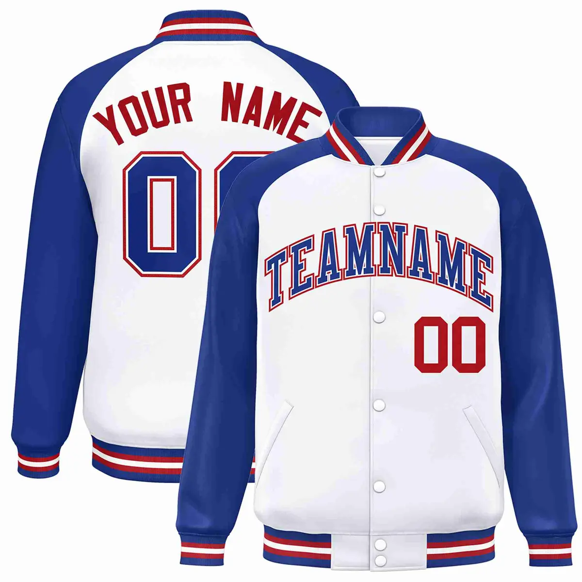 White Royal-White Raglan Varsity Full-Snap Letterman Jacket