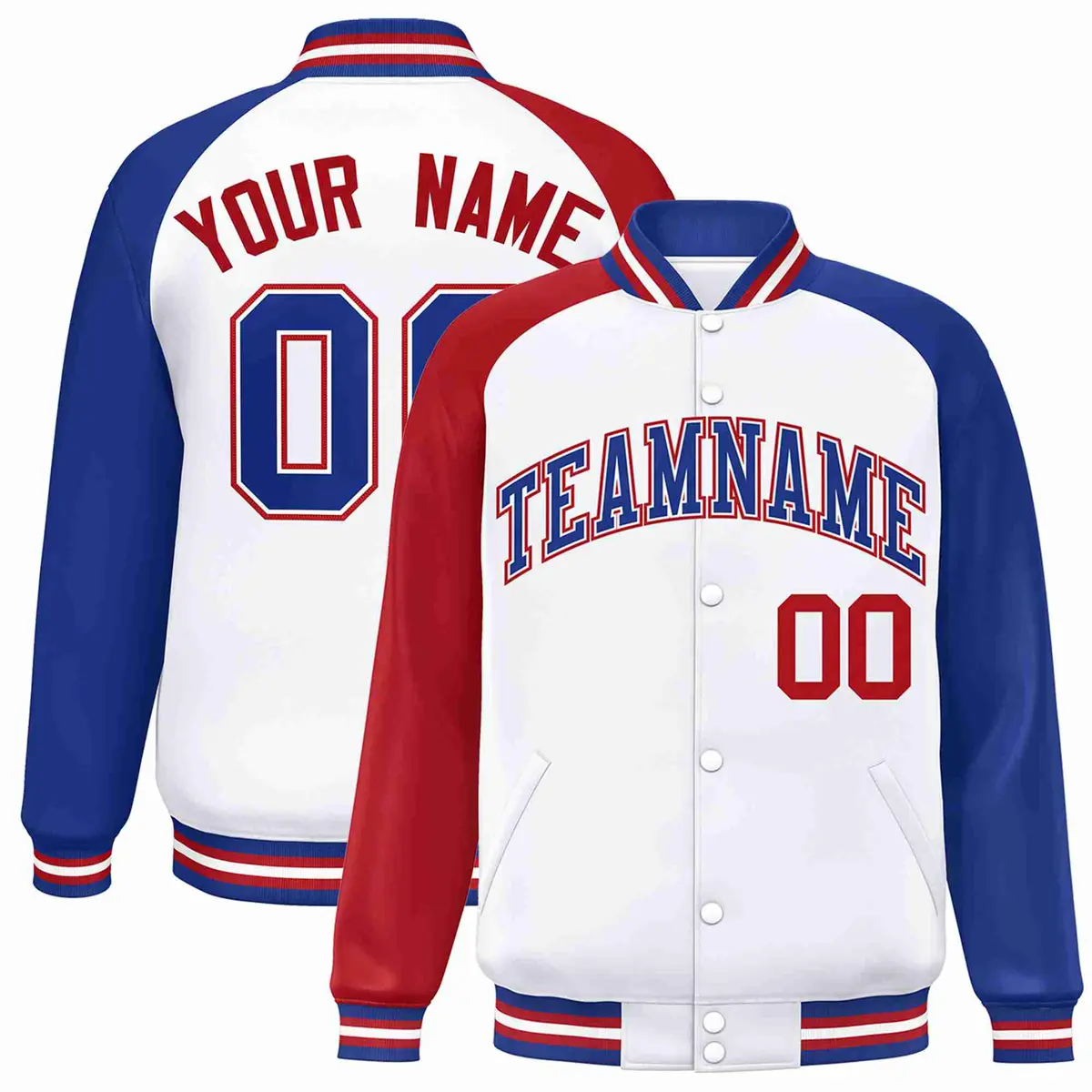 White Royal-White Raglan Varsity Full-Snap Letterman Jacket