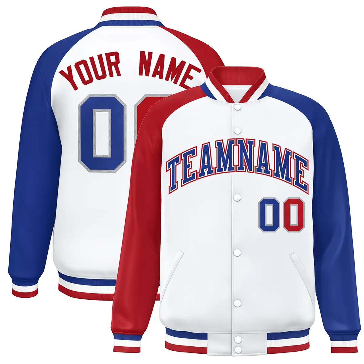 White Royal-White Raglan Varsity Full-Snap Letterman Jacket