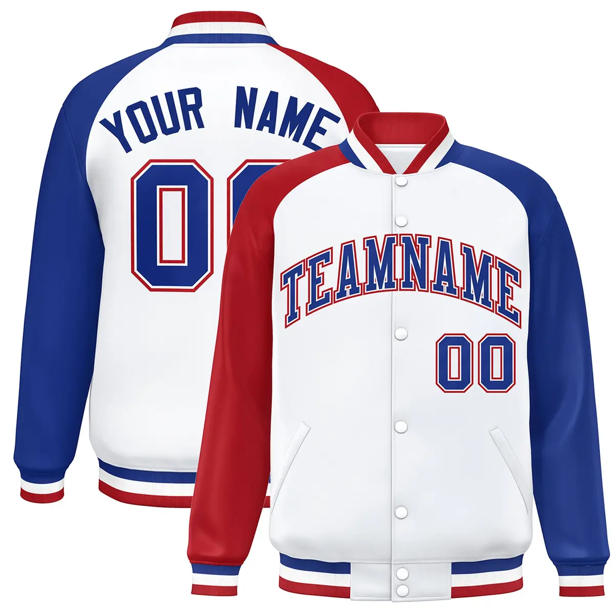 White Royal-White Raglan Varsity Full-Snap Letterman Jacket
