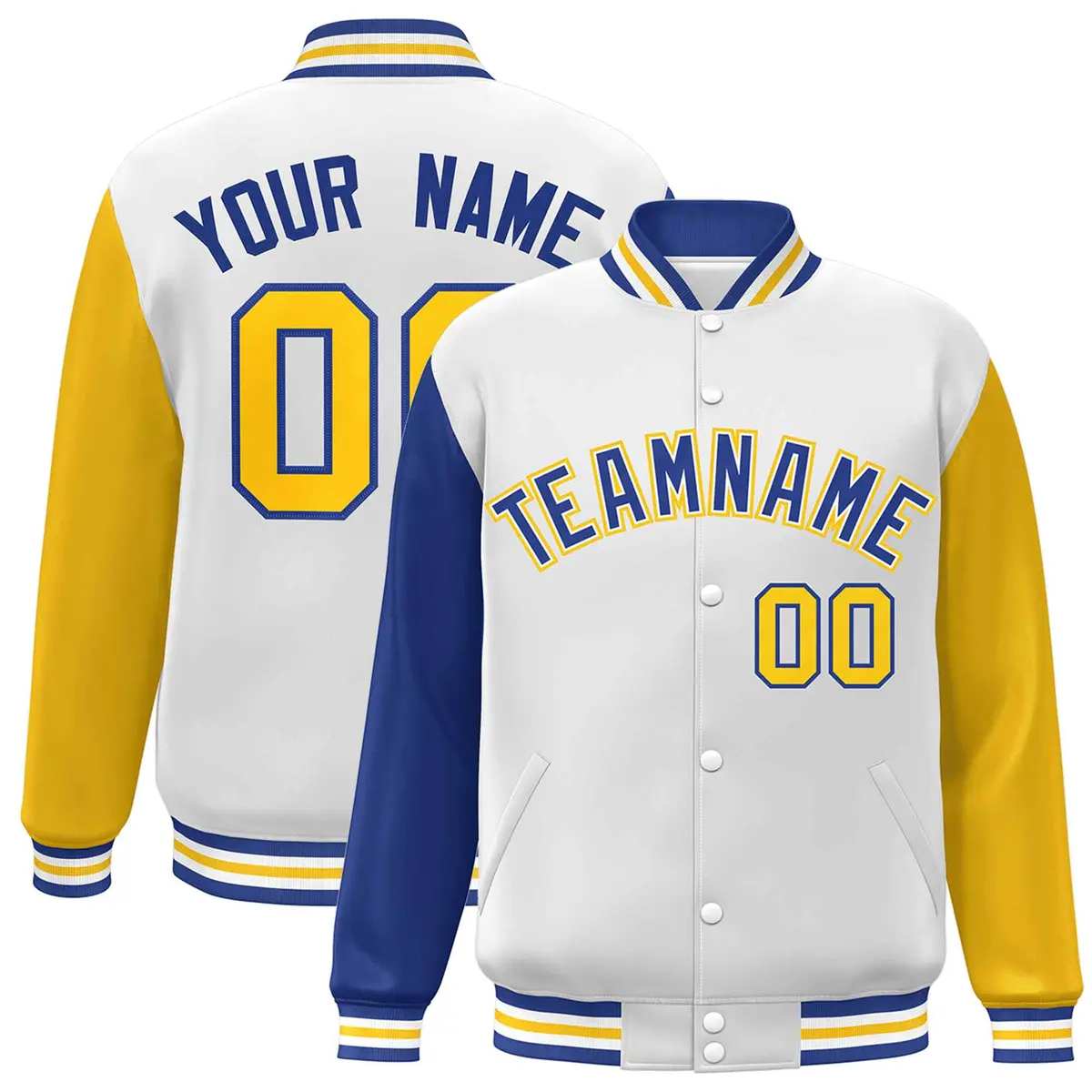 White Royal-White Raglan Varsity Full-Snap Letterman Jacket