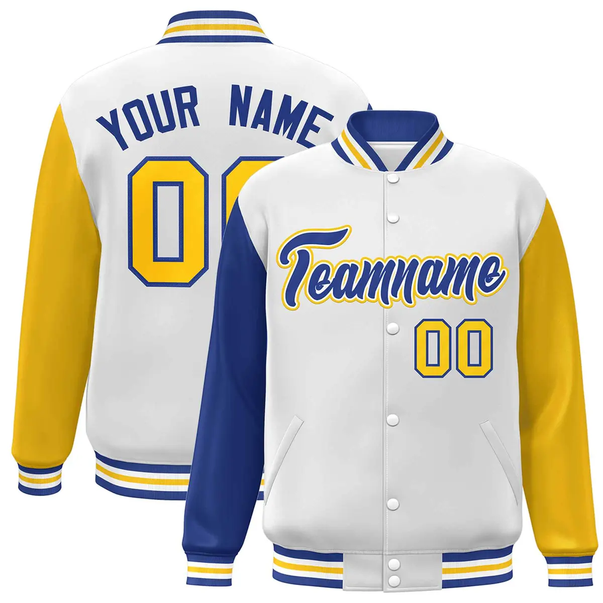 White Royal-White Raglan Varsity Full-Snap Letterman Jacket