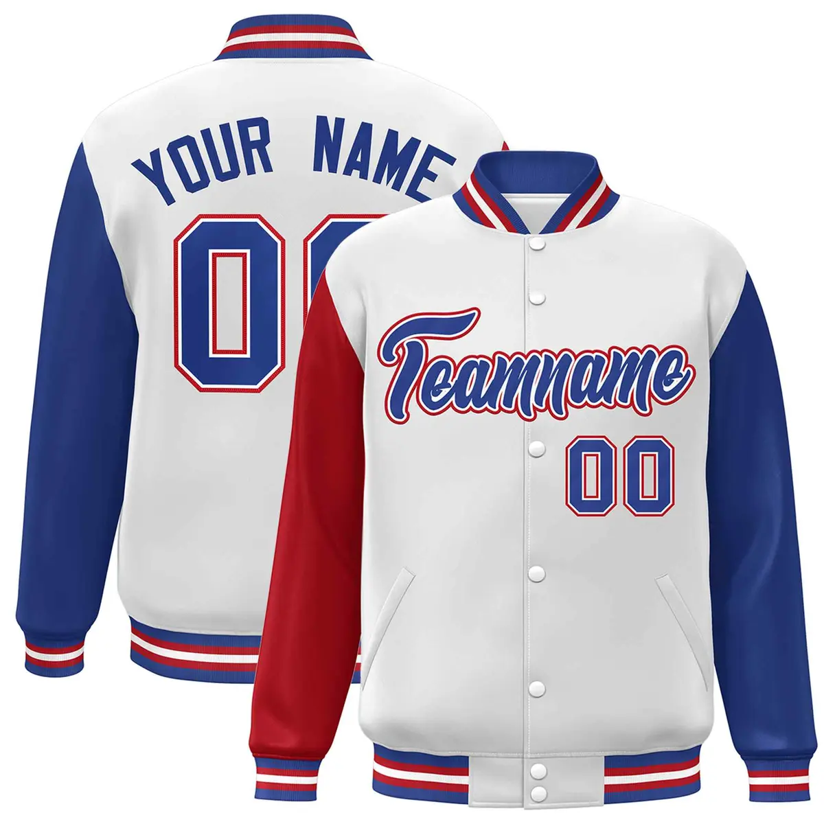 White Royal-White Raglan Varsity Full-Snap Letterman Jacket