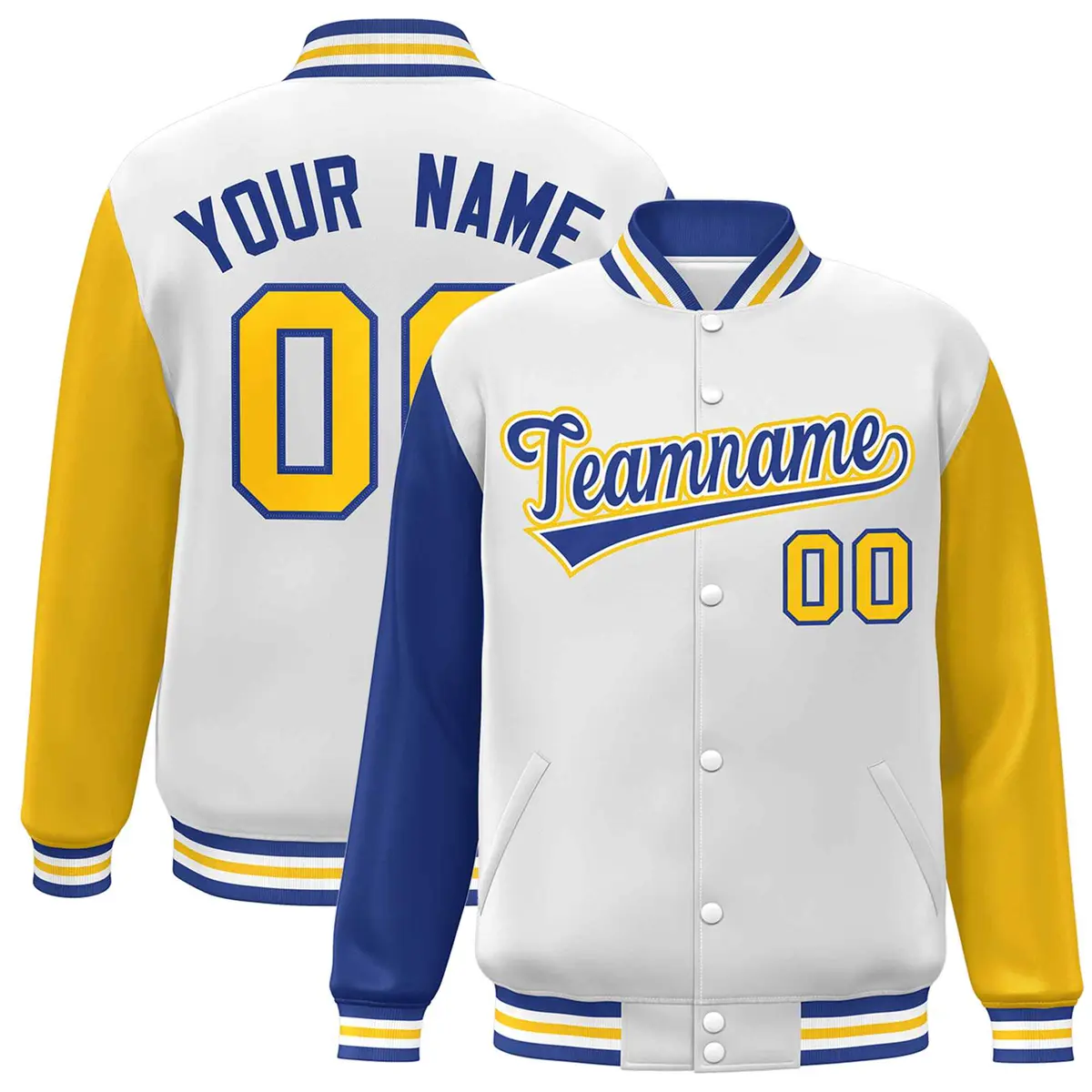 White Royal-White Raglan Varsity Full-Snap Letterman Jacket