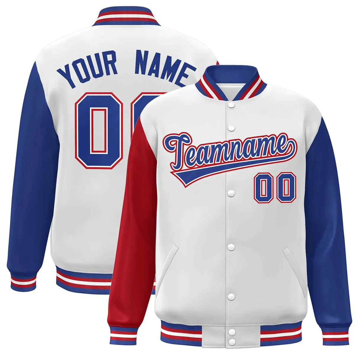 White Royal-White Raglan Varsity Full-Snap Letterman Jacket
