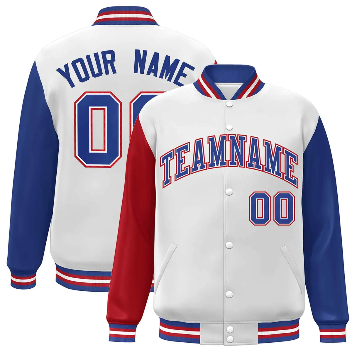 White Royal-White Raglan Varsity Full-Snap Letterman Jacket
