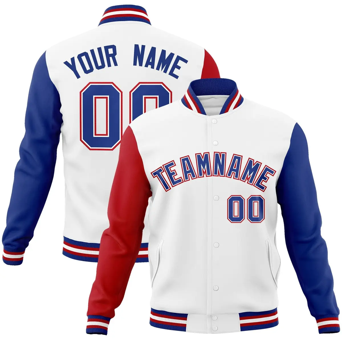 White Royal-White Raglan Varsity Full-Snap Letterman Jacket