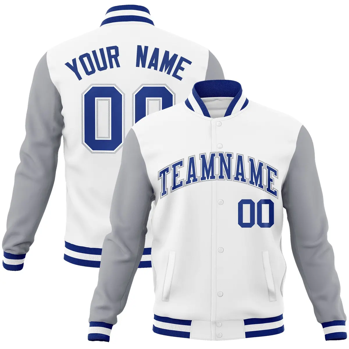 White Royal-White Raglan Varsity Full-Snap Letterman Jacket