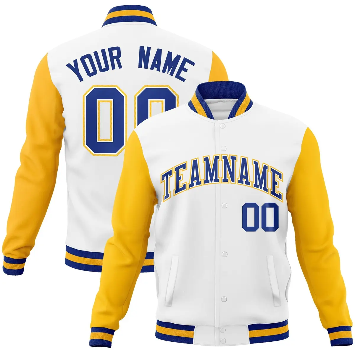 White Royal-White Raglan Varsity Full-Snap Letterman Jacket