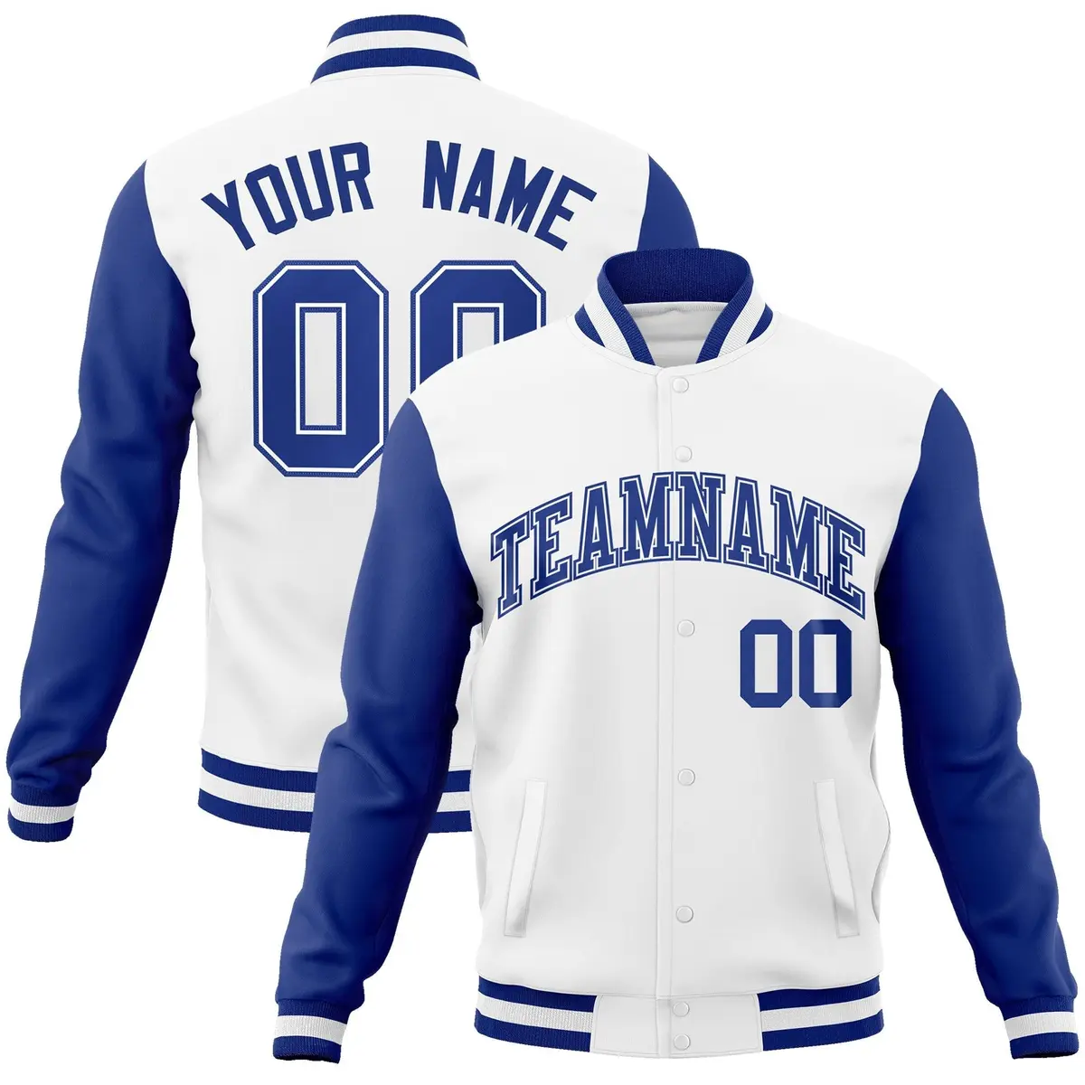 White Royal-White Raglan Varsity Full-Snap Letterman Jacket