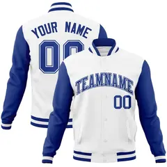 White Royal-White Raglan Varsity Full-Snap Letterman Jacket