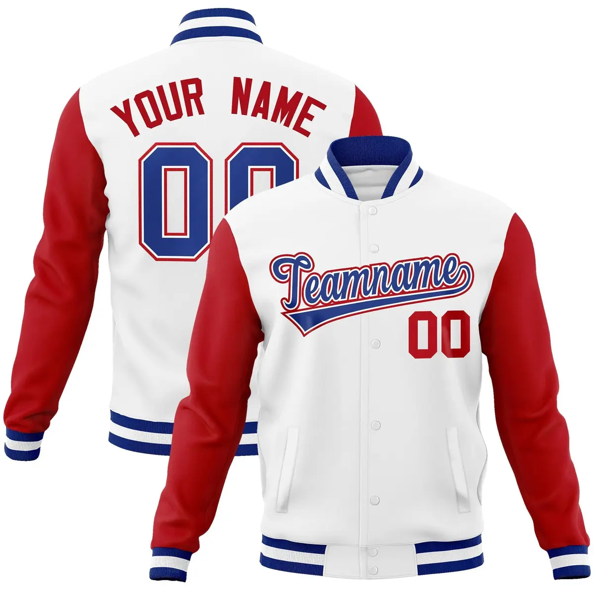White Royal-White Raglan Varsity Full-Snap Letterman Jacket