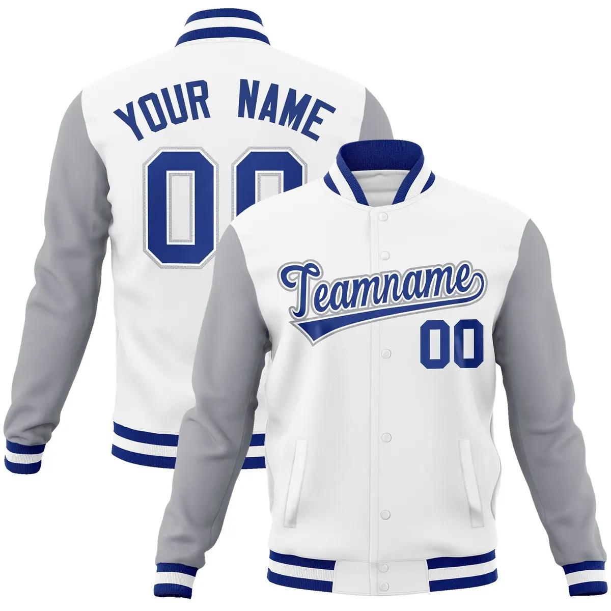 White Royal-White Raglan Varsity Full-Snap Letterman Jacket