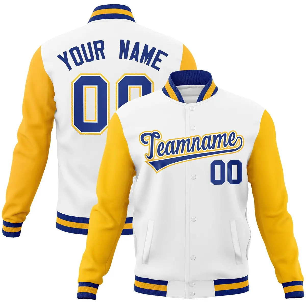 White Royal-White Raglan Varsity Full-Snap Letterman Jacket
