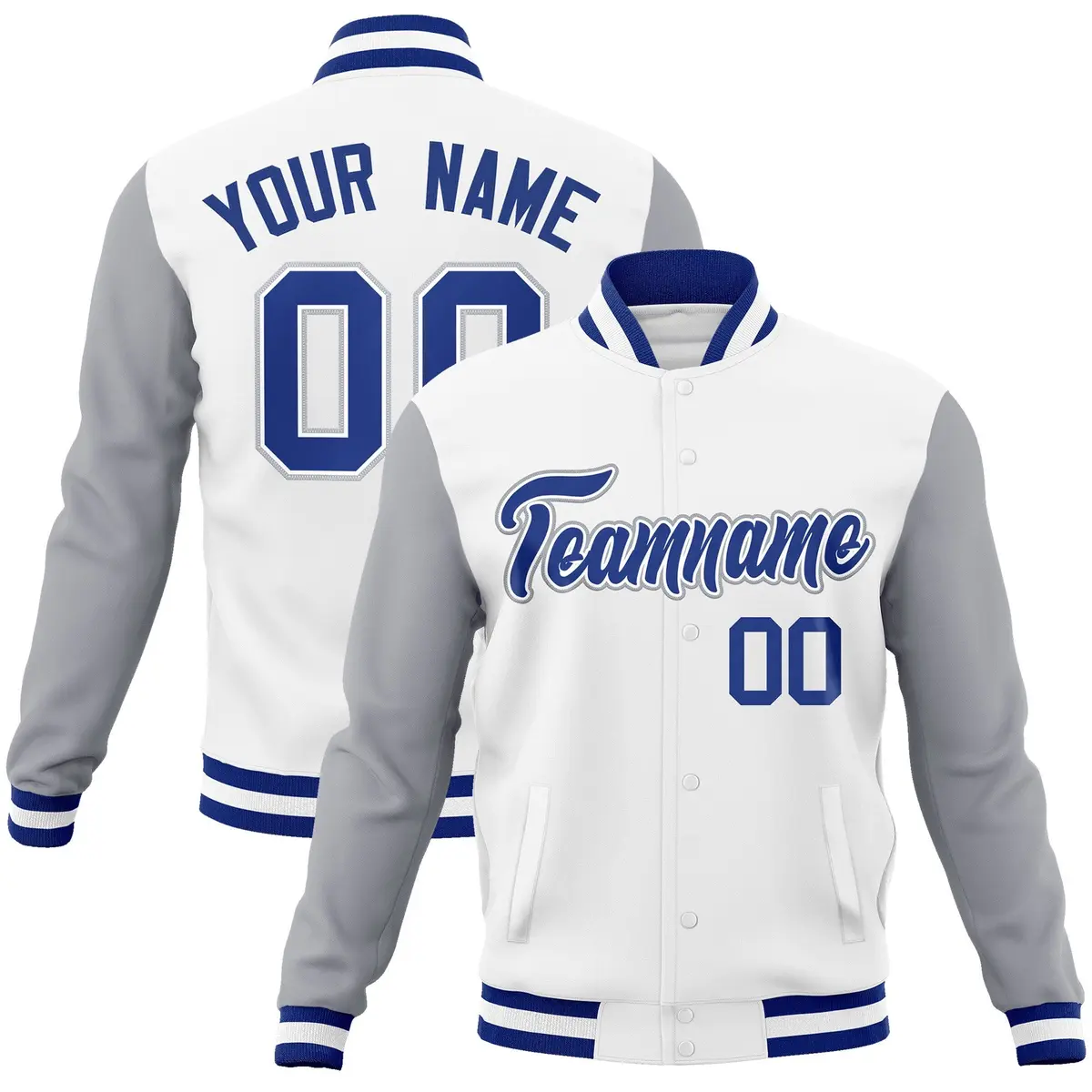 White Royal-White Raglan Varsity Full-Snap Letterman Jacket
