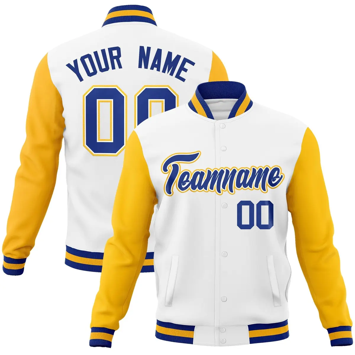 White Royal-White Raglan Varsity Full-Snap Letterman Jacket