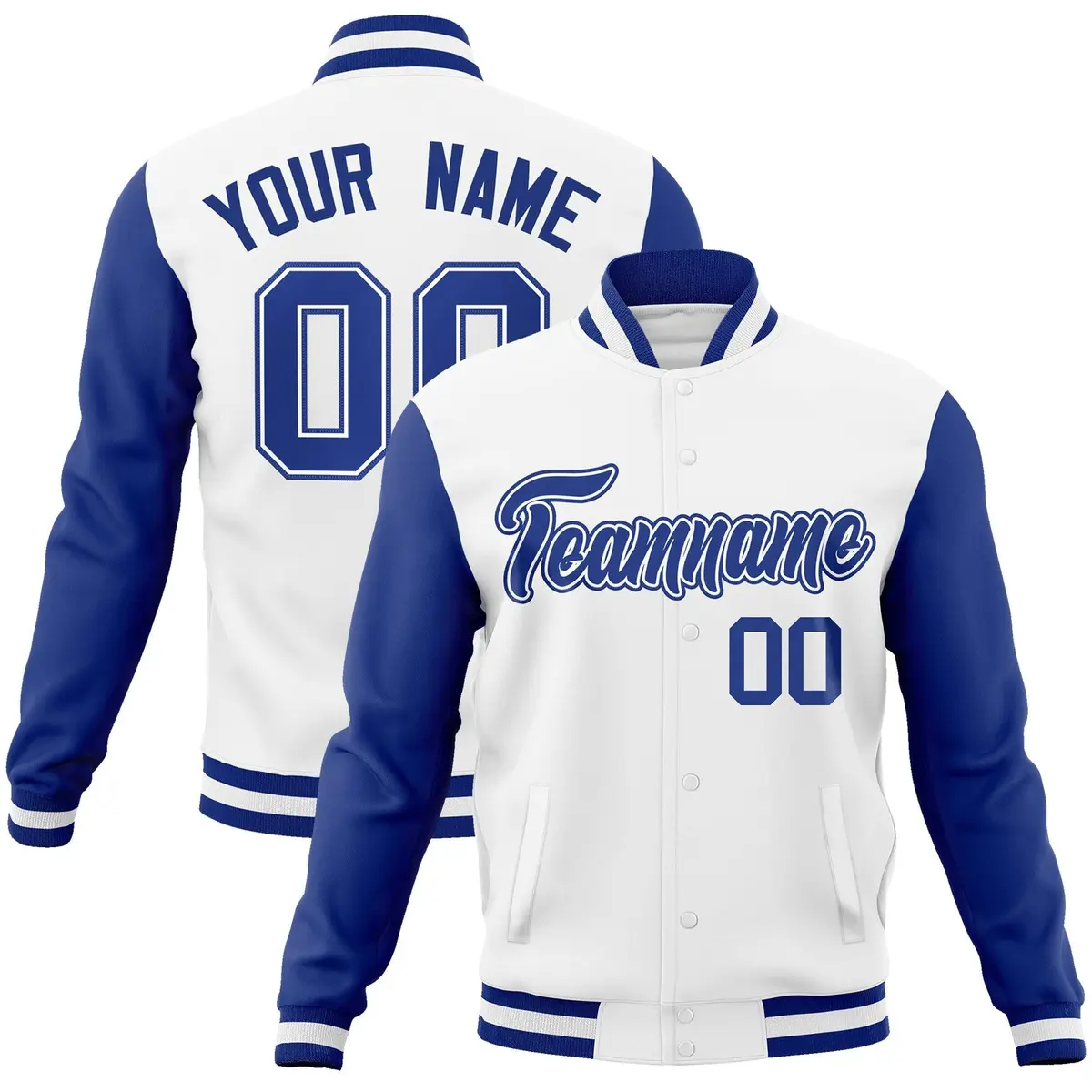 White Royal-White Raglan Varsity Full-Snap Letterman Jacket