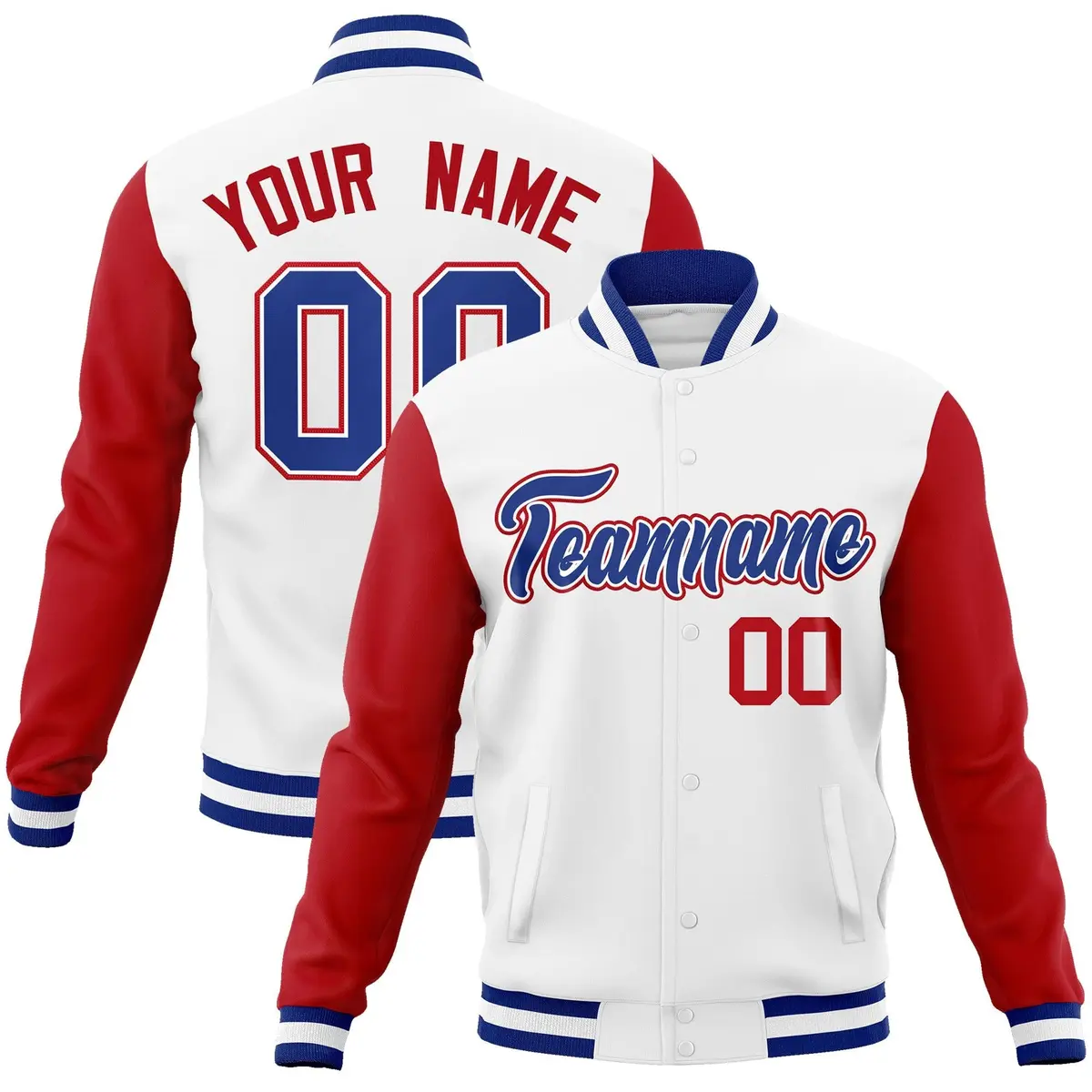 White Royal-White Raglan Varsity Full-Snap Letterman Jacket
