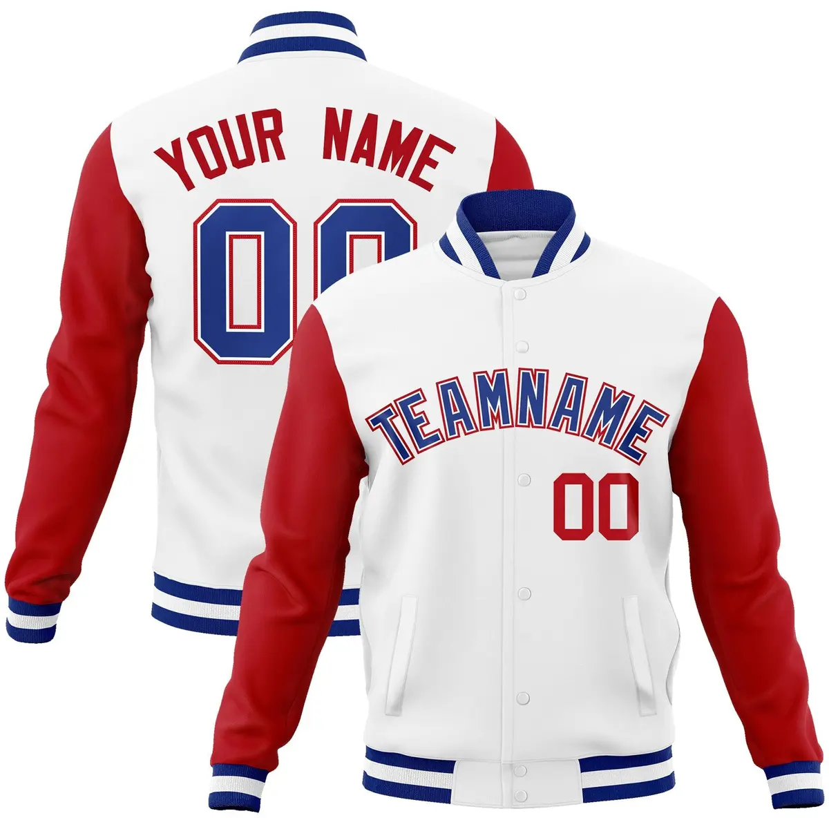White Royal-White Raglan Varsity Full-Snap Letterman Jacket