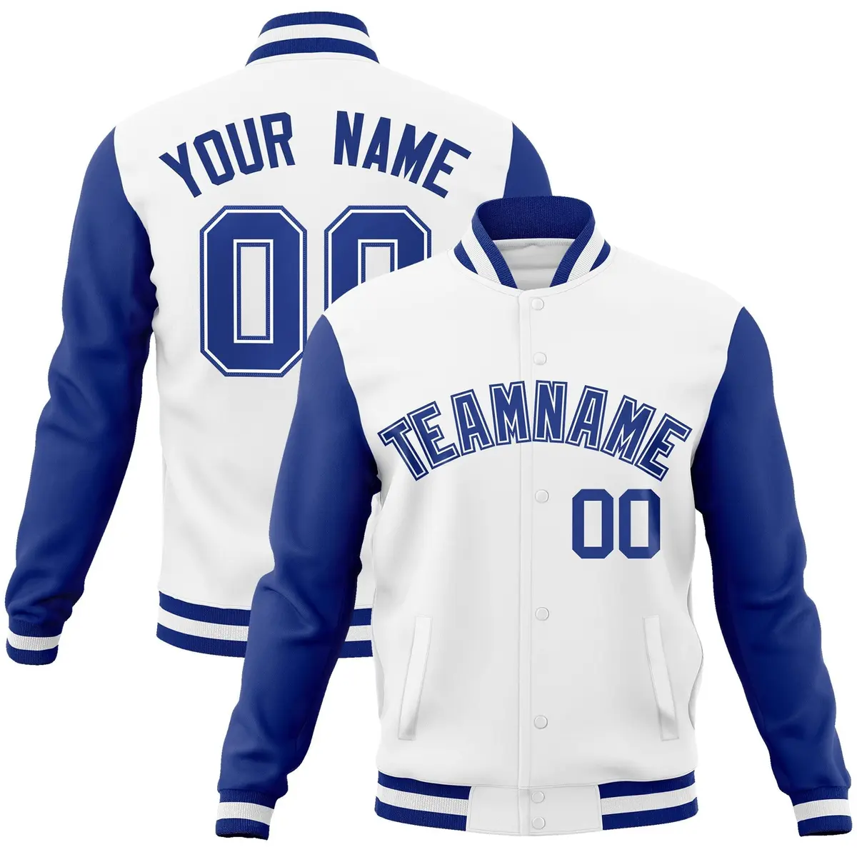 White Royal-White Raglan Varsity Full-Snap Letterman Jacket