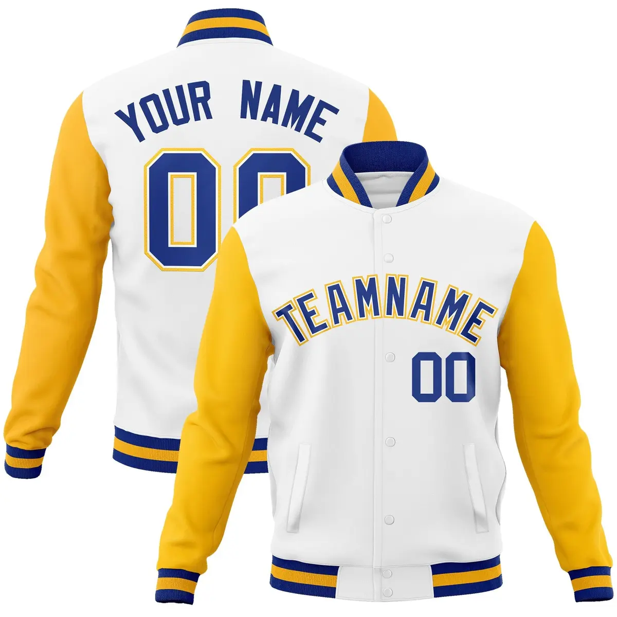 White Royal-White Raglan Varsity Full-Snap Letterman Jacket
