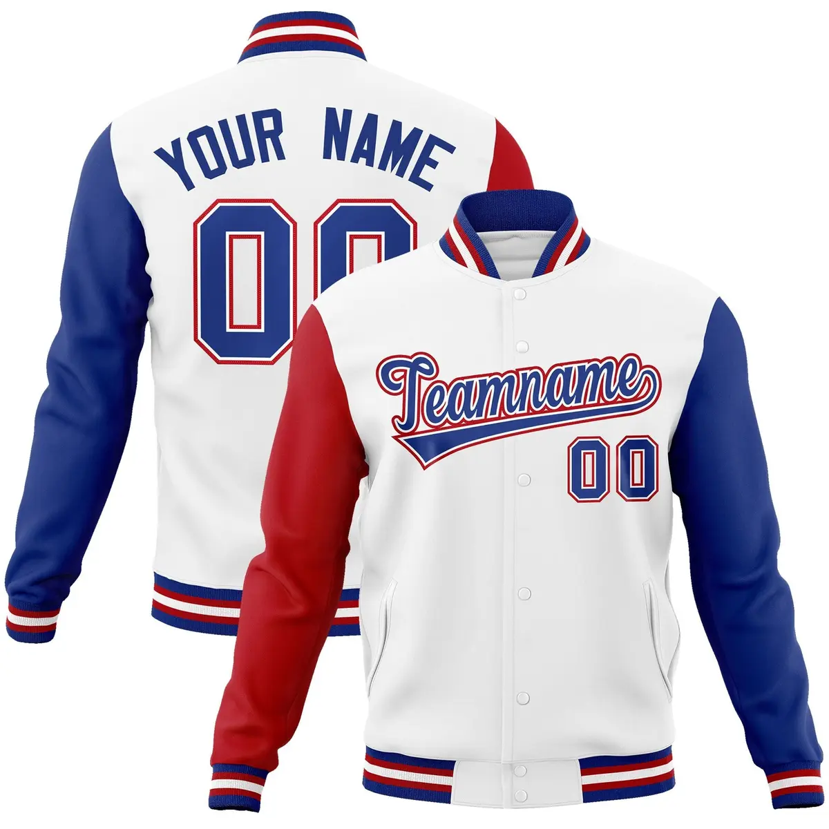 White Royal-White Raglan Varsity Full-Snap Letterman Jacket