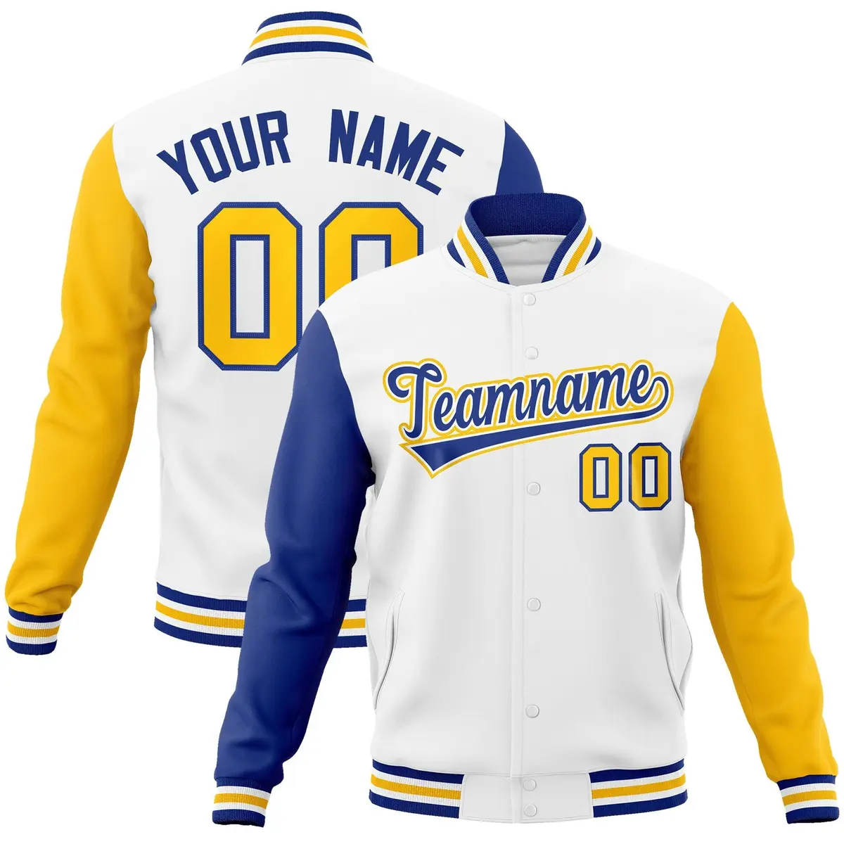 White Royal-White Raglan Varsity Full-Snap Letterman Jacket