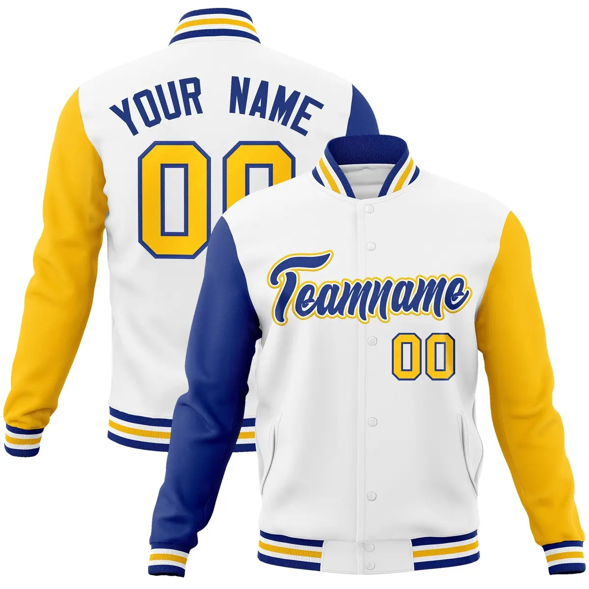 White Royal-White Raglan Varsity Full-Snap Letterman Jacket