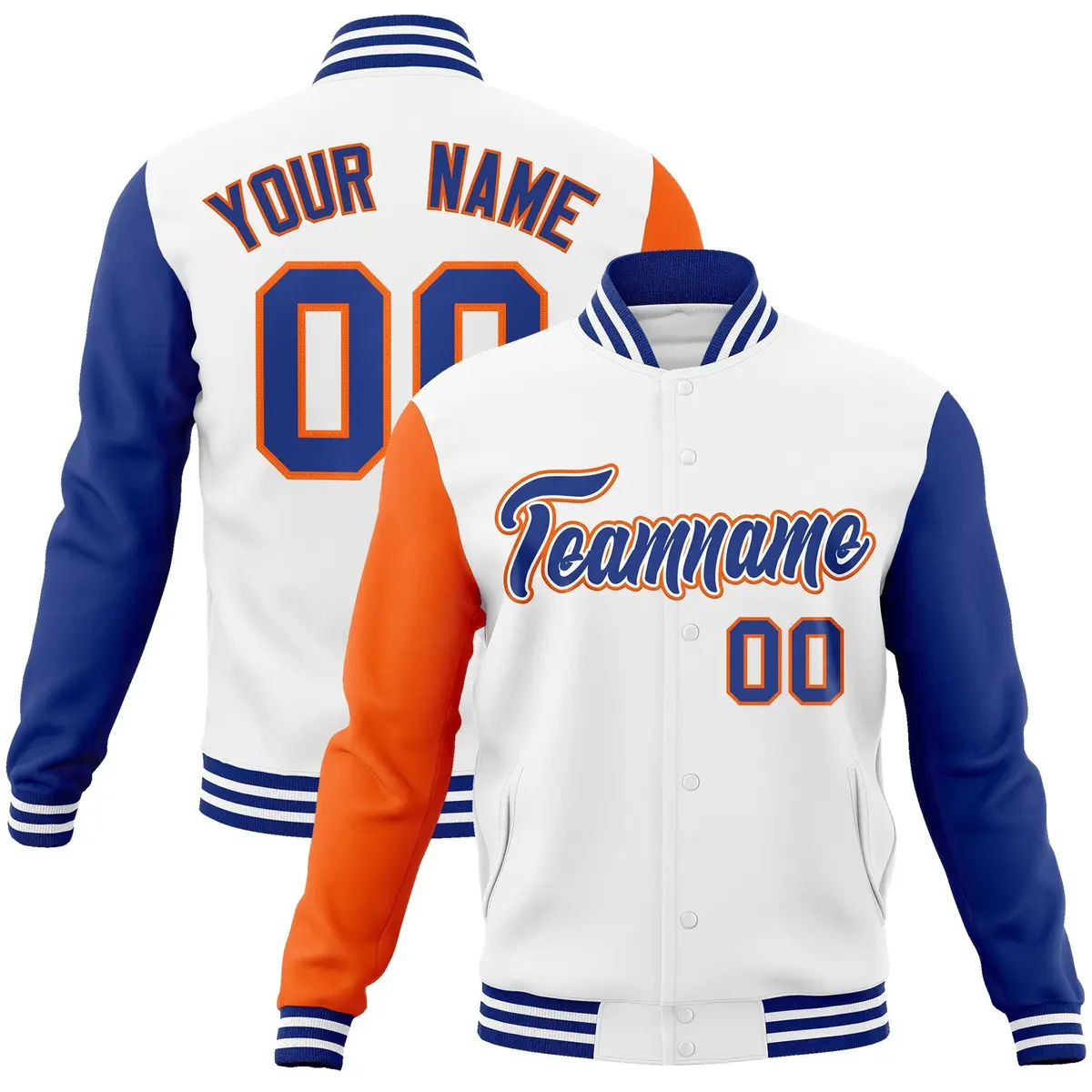 White Royal-White Raglan Varsity Full-Snap Letterman Jacket